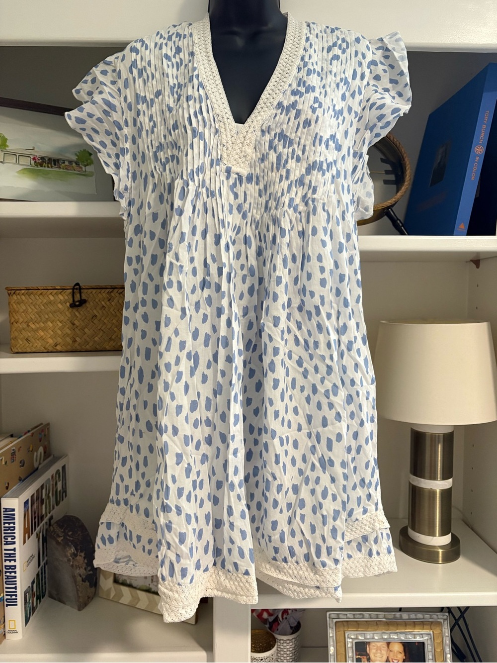 Navybleu Eden White and Light Blue Printed Mini Dress